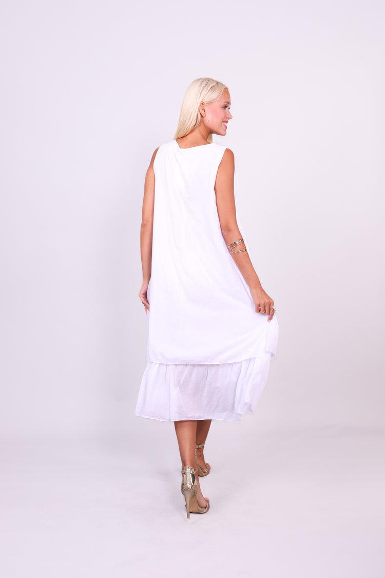 SLEEVELESS LAYERED HEM MIDI DRESS