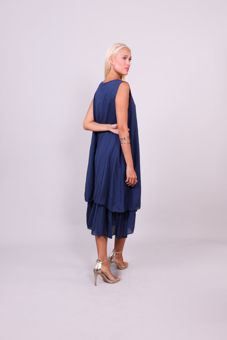 SLEEVELESS LAYERED HEM MIDI DRESS