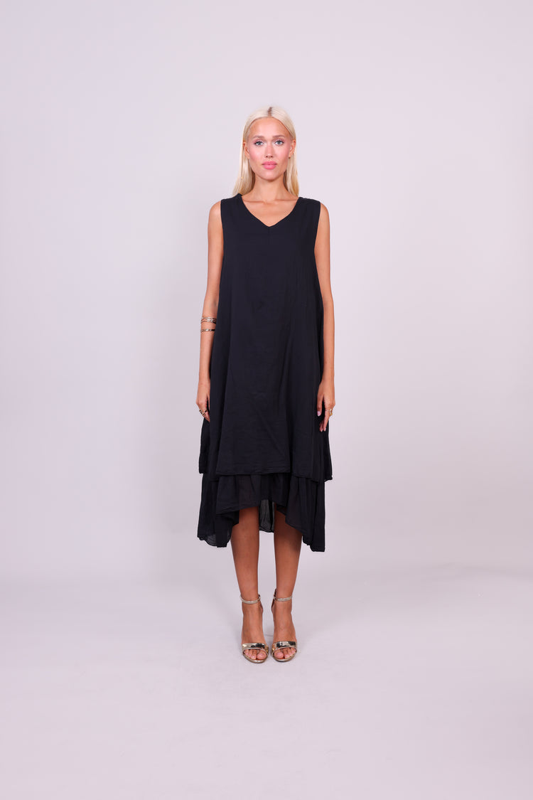 SLEEVELESS LAYERED HEM MIDI DRESS
