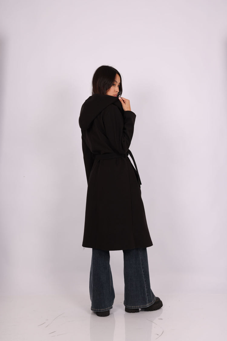HOODED BELTED LONG COAT