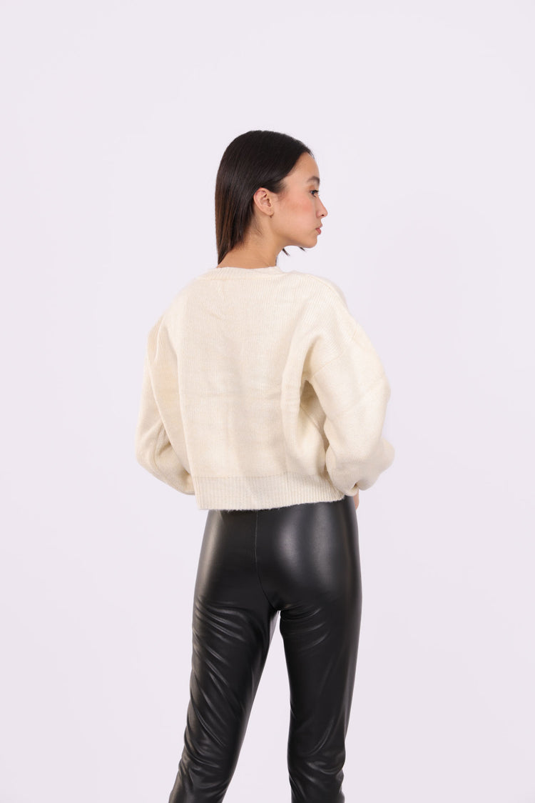 CROPPED PUFF-SLEEVE BUTTON CARDIGAN