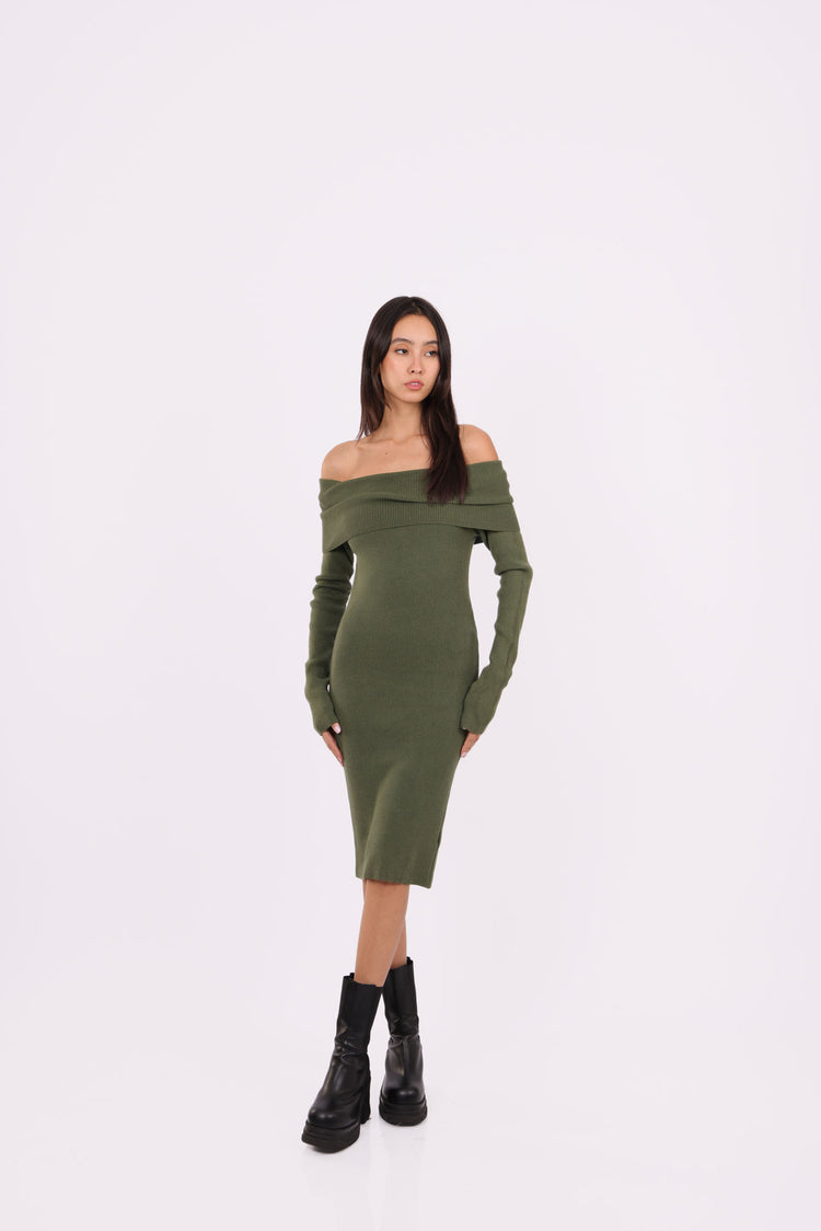 OFF-SHOULDER KNIT MIDI DRESS