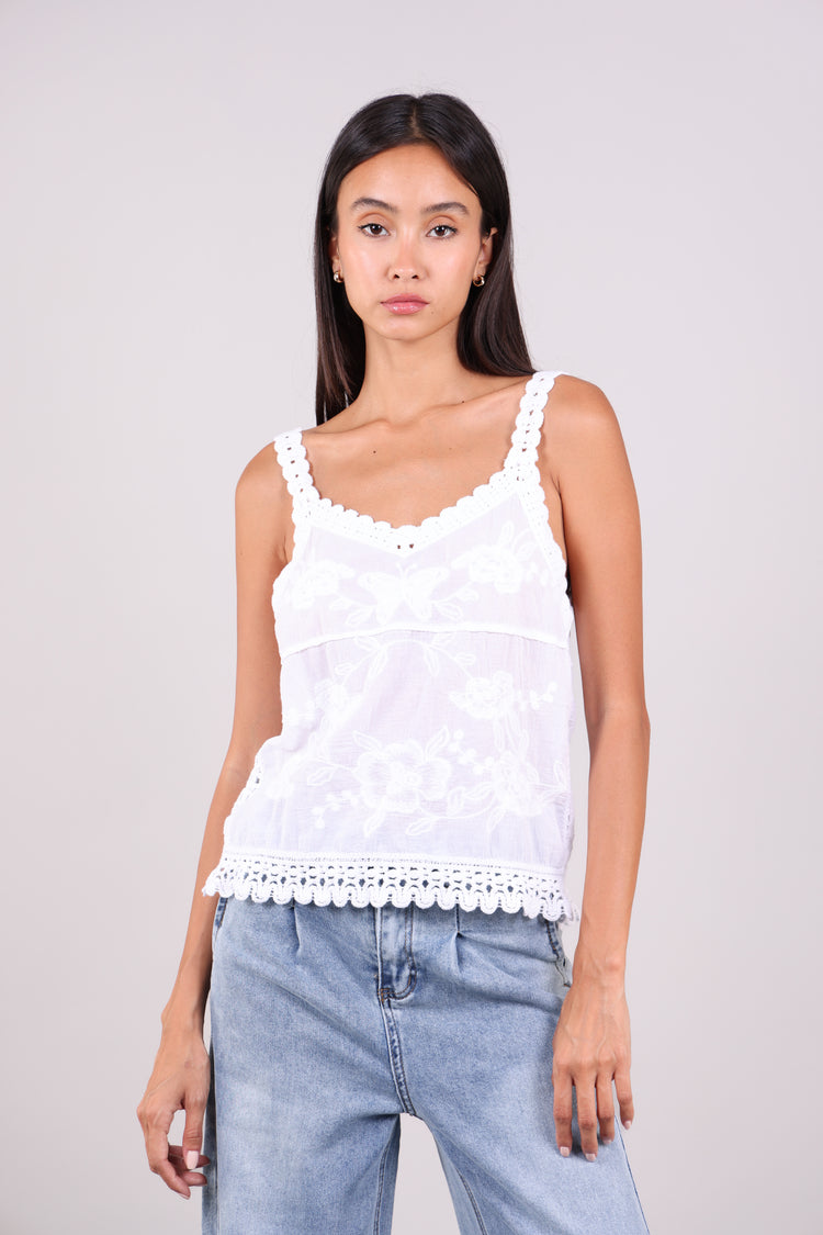 EMBROIDERED LACE TRIM CAMI TOP