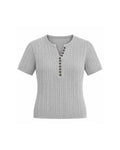 SHORT SLEEVE CABLE KNIT BUTTON FRONT HENLEY TOP