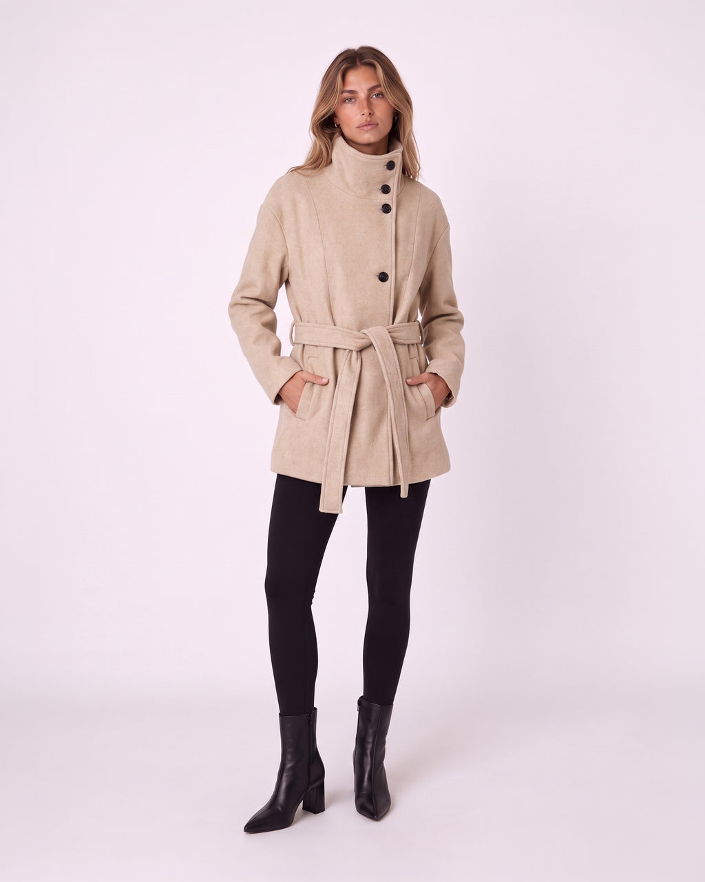 HIGH-NECK BUTTON-FRONT BELTED SHORT COAT