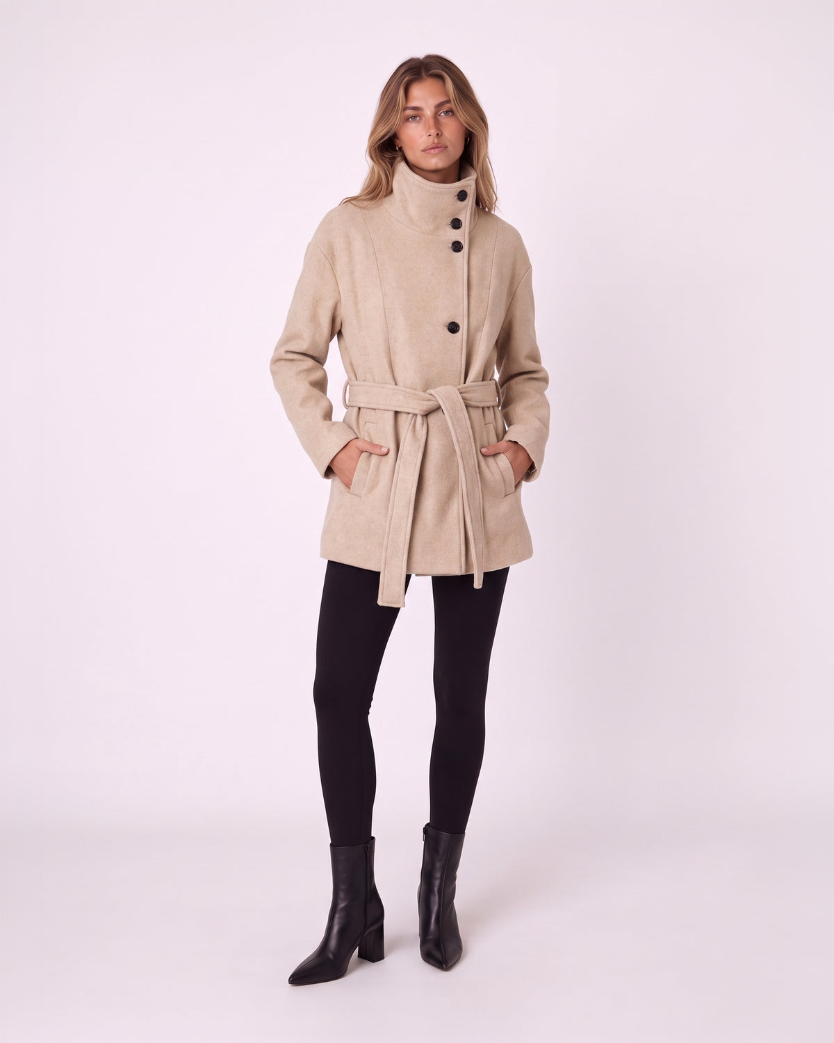 HIGH-NECK BUTTON-FRONT BELTED SHORT COAT