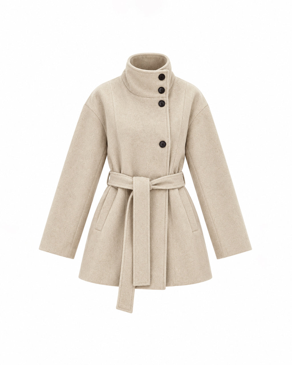 HIGH-NECK BUTTON-FRONT BELTED SHORT COAT