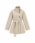 HIGH-NECK BUTTON-FRONT BELTED SHORT COAT