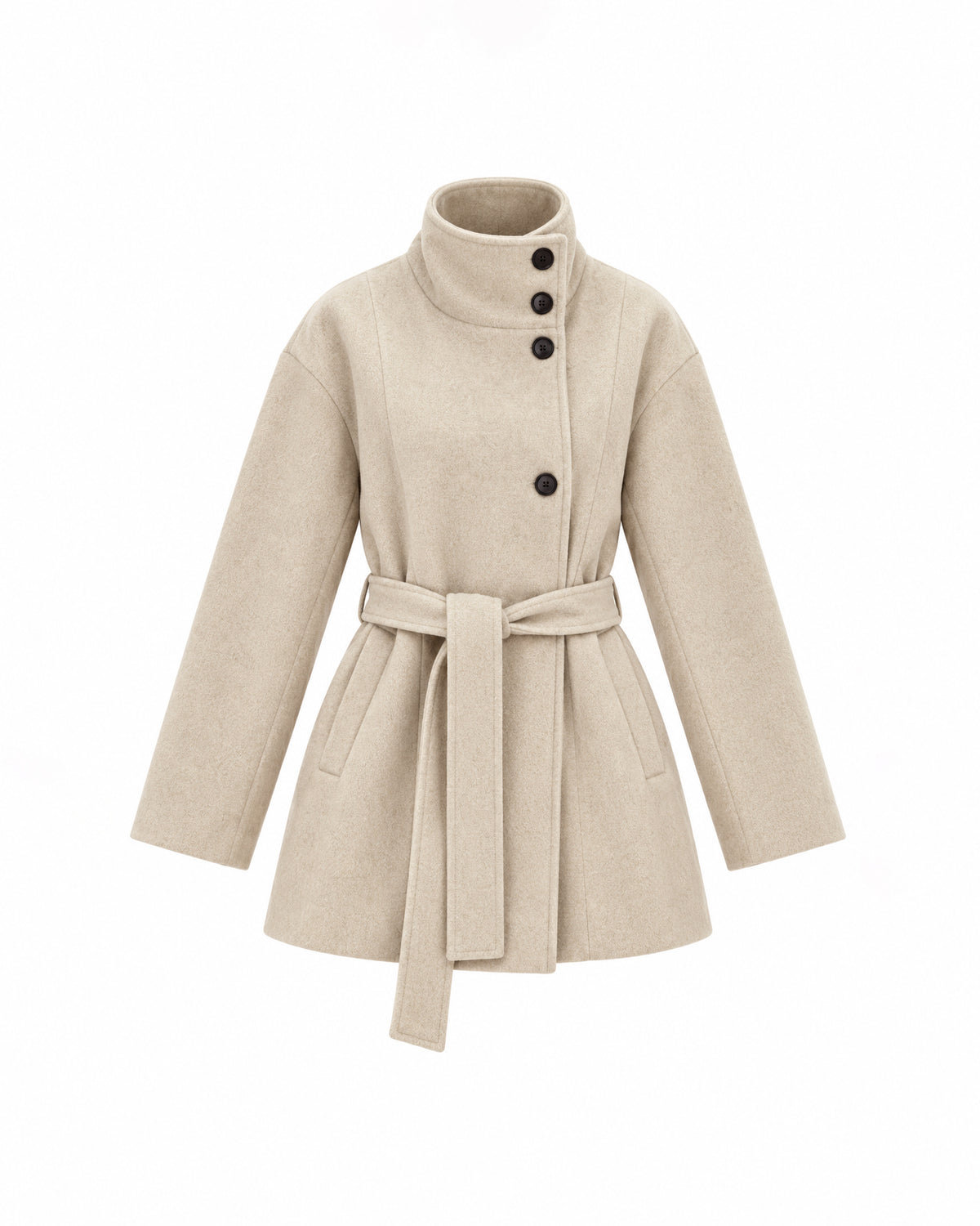 HIGH-NECK BUTTON-FRONT BELTED SHORT COAT