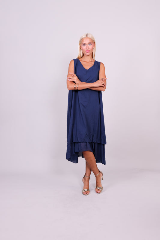 SLEEVELESS LAYERED HEM MIDI DRESS