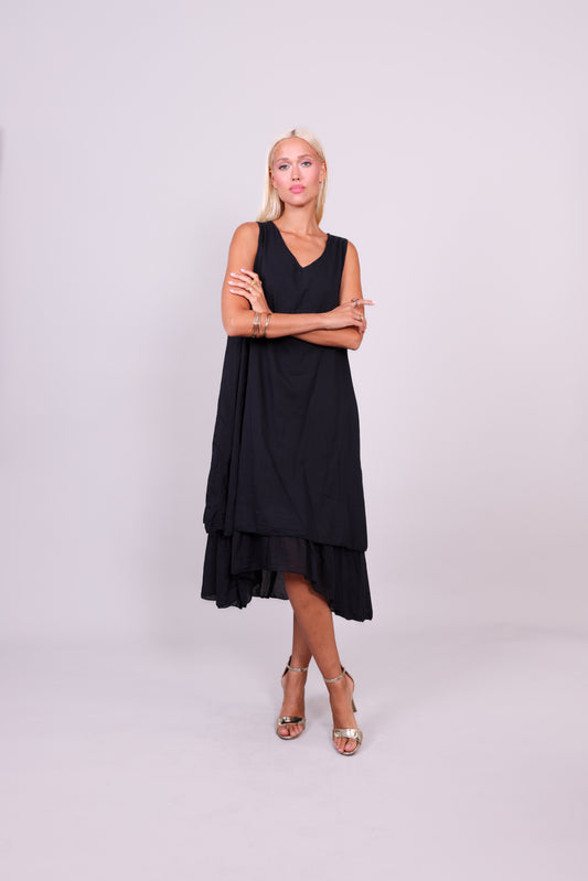 SLEEVELESS LAYERED HEM MIDI DRESS
