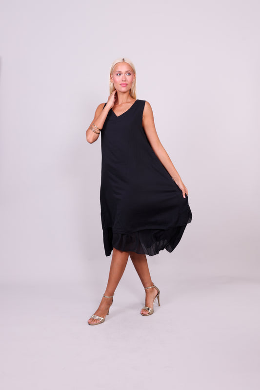 SLEEVELESS LAYERED HEM MIDI DRESS