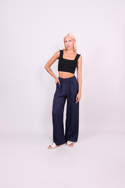 NATURAL LINEN WIDE-LEG TROUSERS
