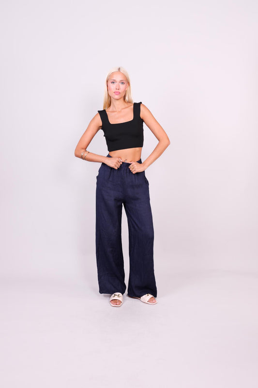 NATURAL LINEN WIDE-LEG TROUSERS