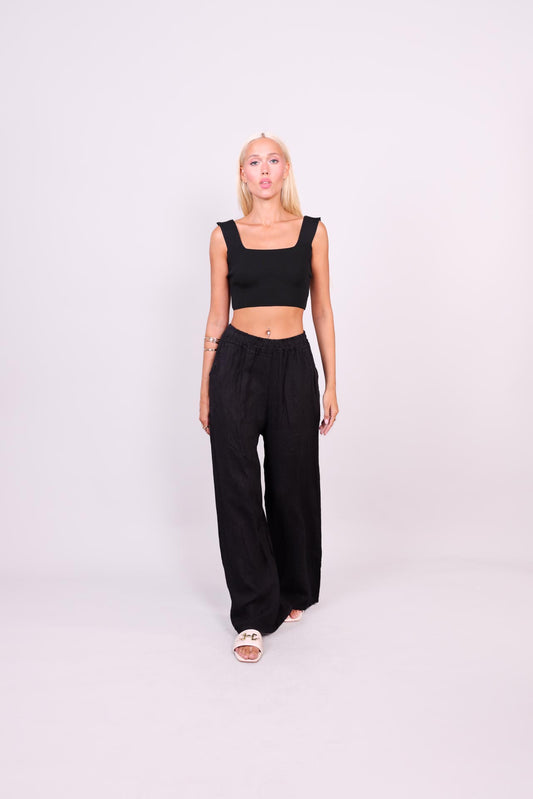 NATURAL LINEN WIDE-LEG TROUSERS
