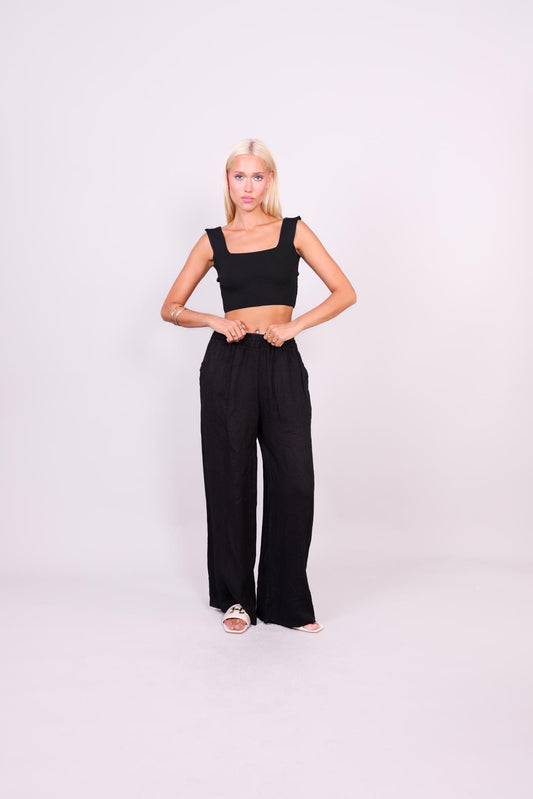 NATURAL LINEN WIDE-LEG TROUSERS