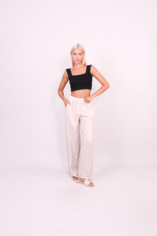 NATURAL LINEN WIDE-LEG TROUSERS