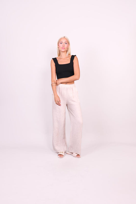 NATURAL LINEN WIDE-LEG TROUSERS
