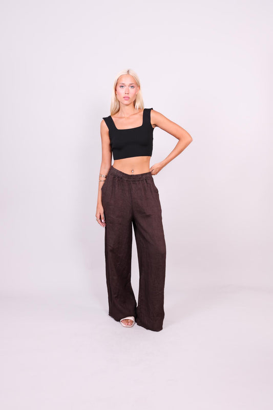 NATURAL LINEN WIDE-LEG TROUSERS