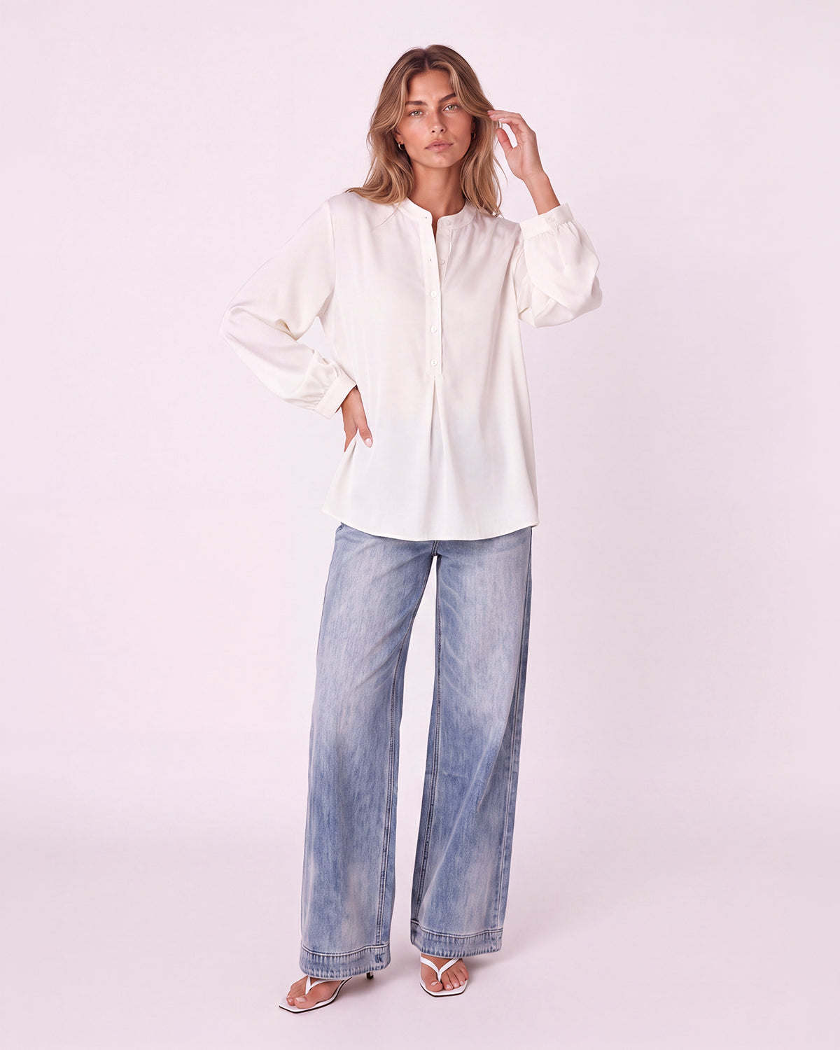 MANDARIN COLLAR BUTTON-FRONT BLOUSE