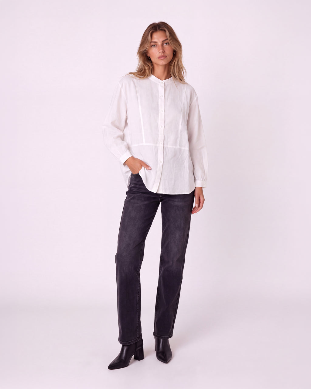 MANDARIN COLLAR BUTTON-FRONT LONG SLEEVE PEPLUM BLOUSE