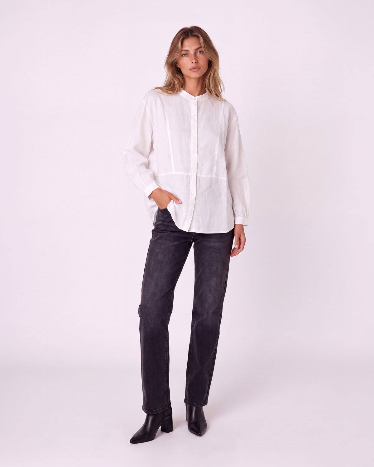 MANDARIN COLLAR BUTTON-FRONT LONG SLEEVE PEPLUM BLOUSE