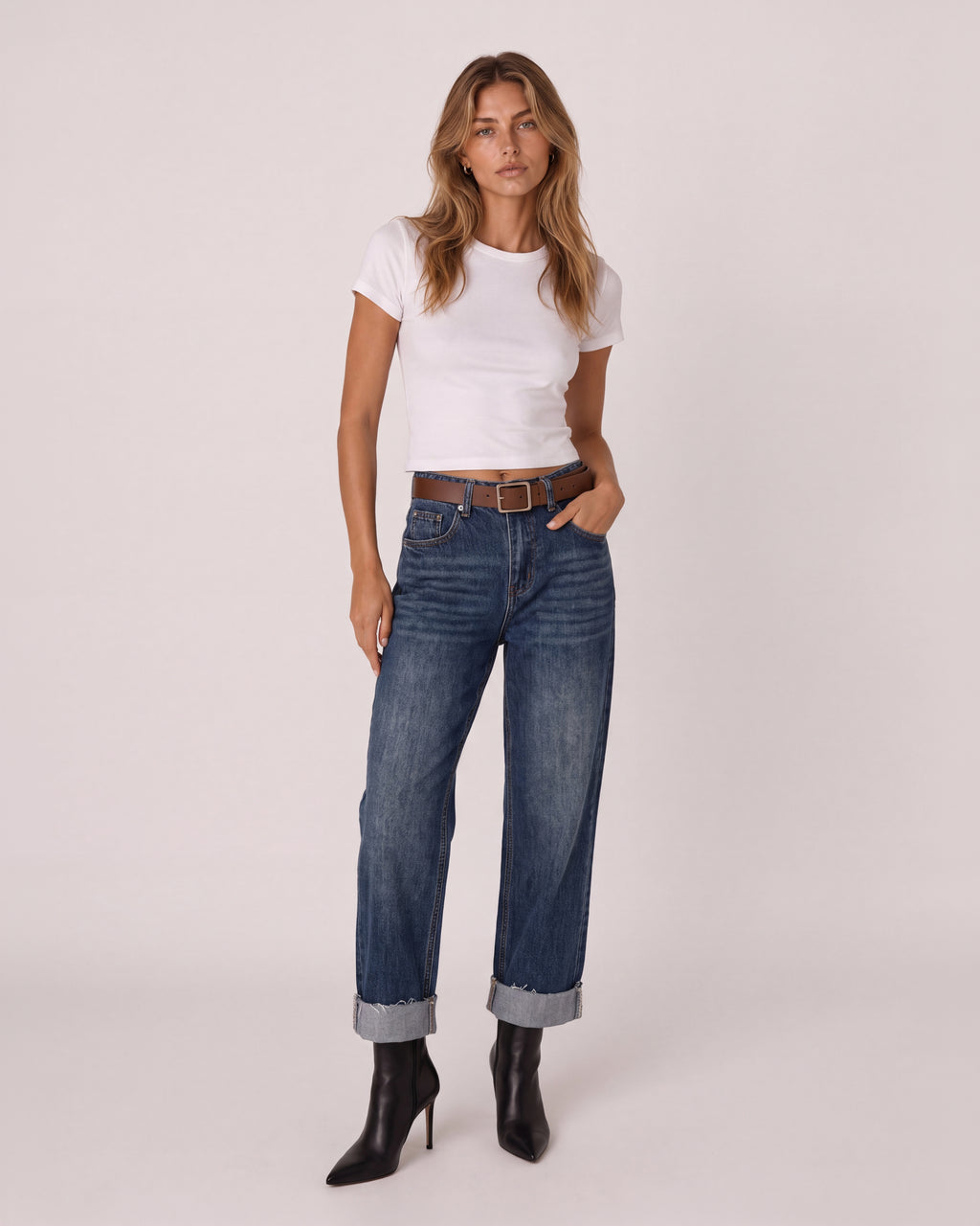 RELAXED-FIT CUFFED DENIM JEANS WITH BELT