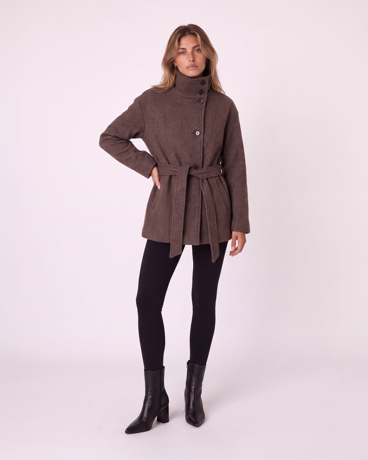 HIGH-NECK BUTTON-FRONT BELTED SHORT COAT