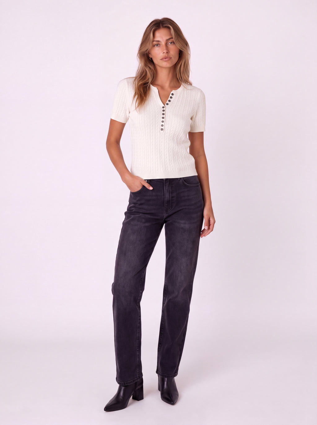 SHORT SLEEVE CABLE KNIT BUTTON FRONT HENLEY TOP