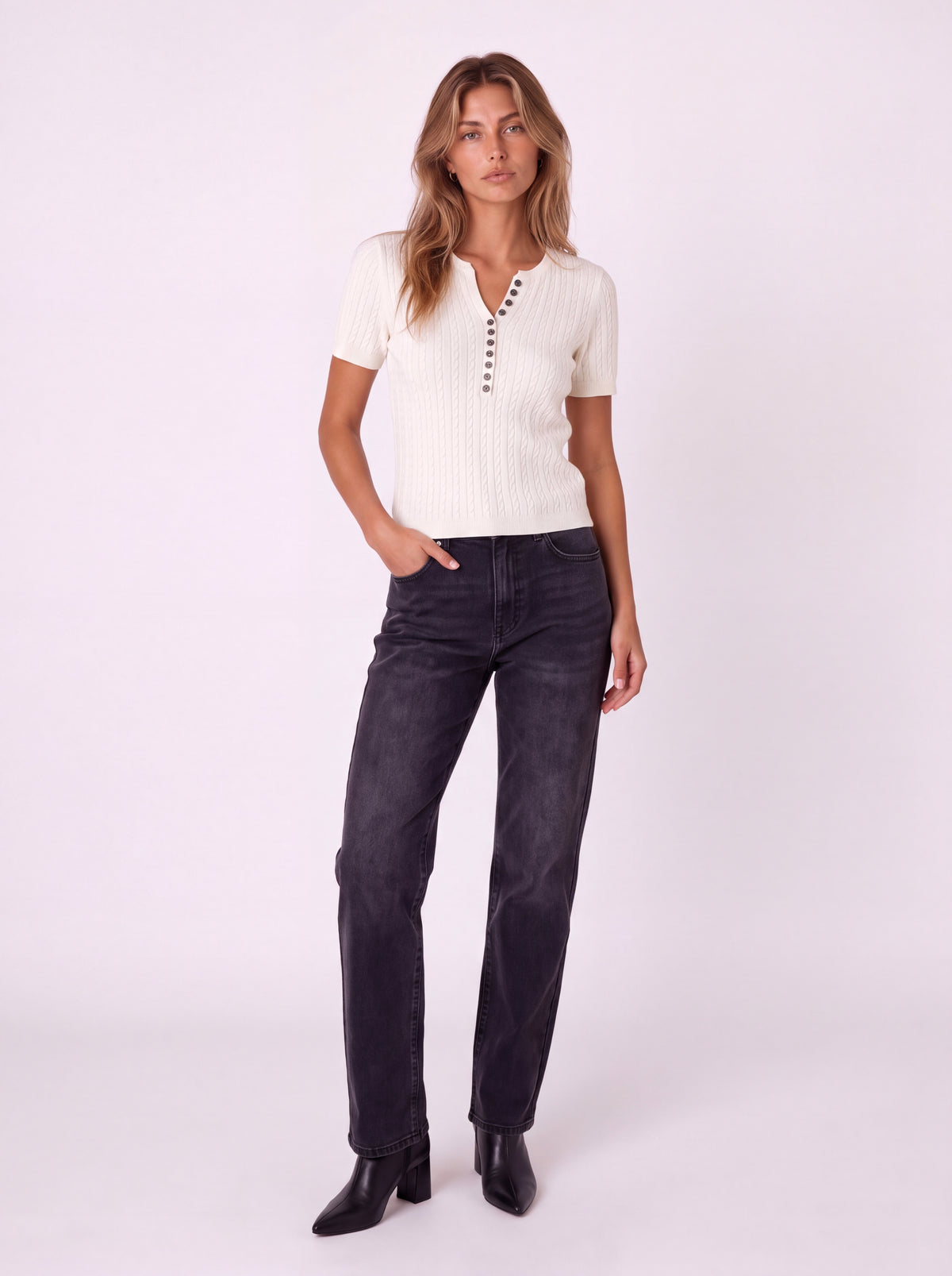 SHORT SLEEVE CABLE KNIT BUTTON FRONT HENLEY TOP