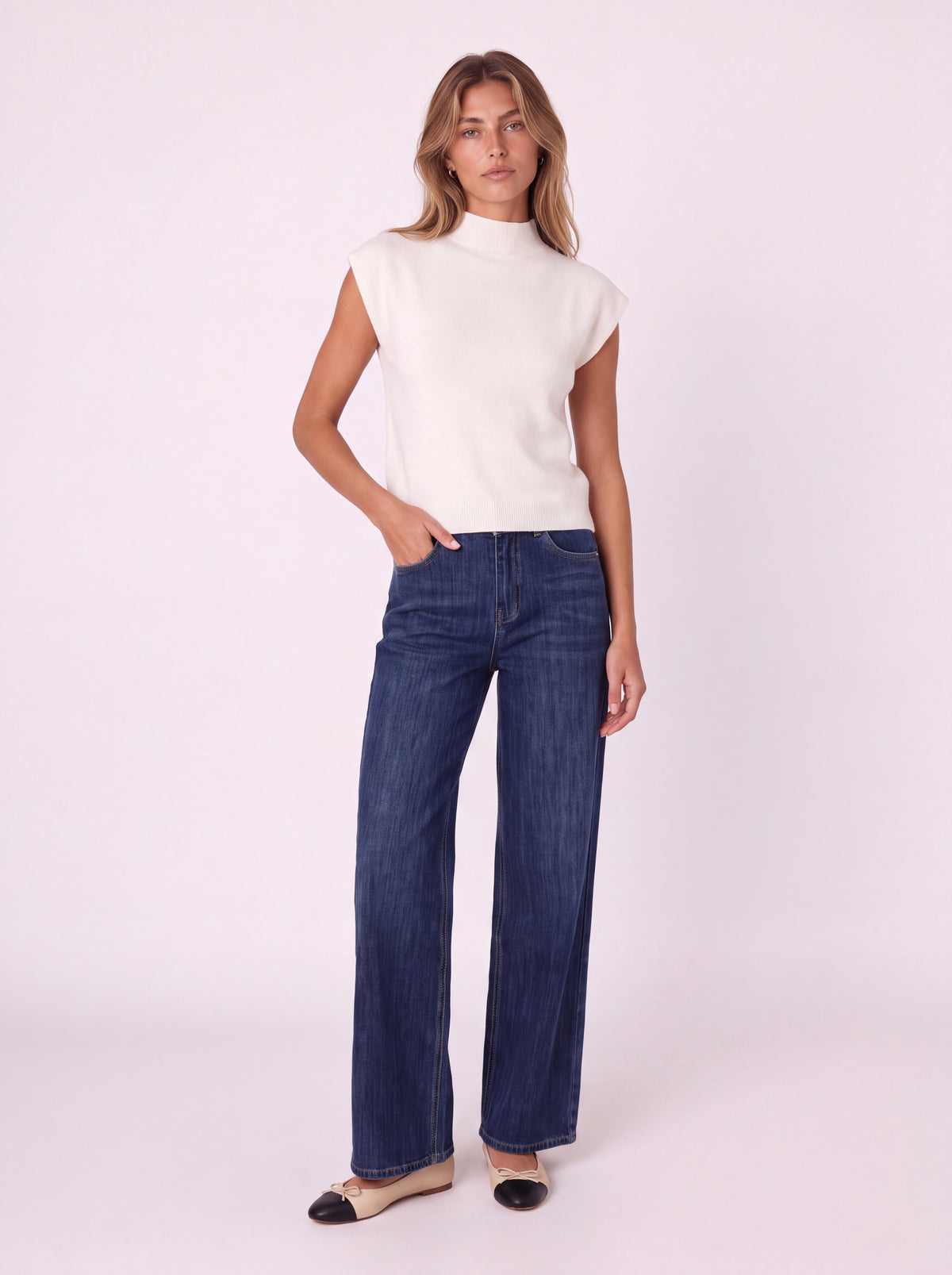 MOCK-NECK CAP-SLEEVE KNIT TOP