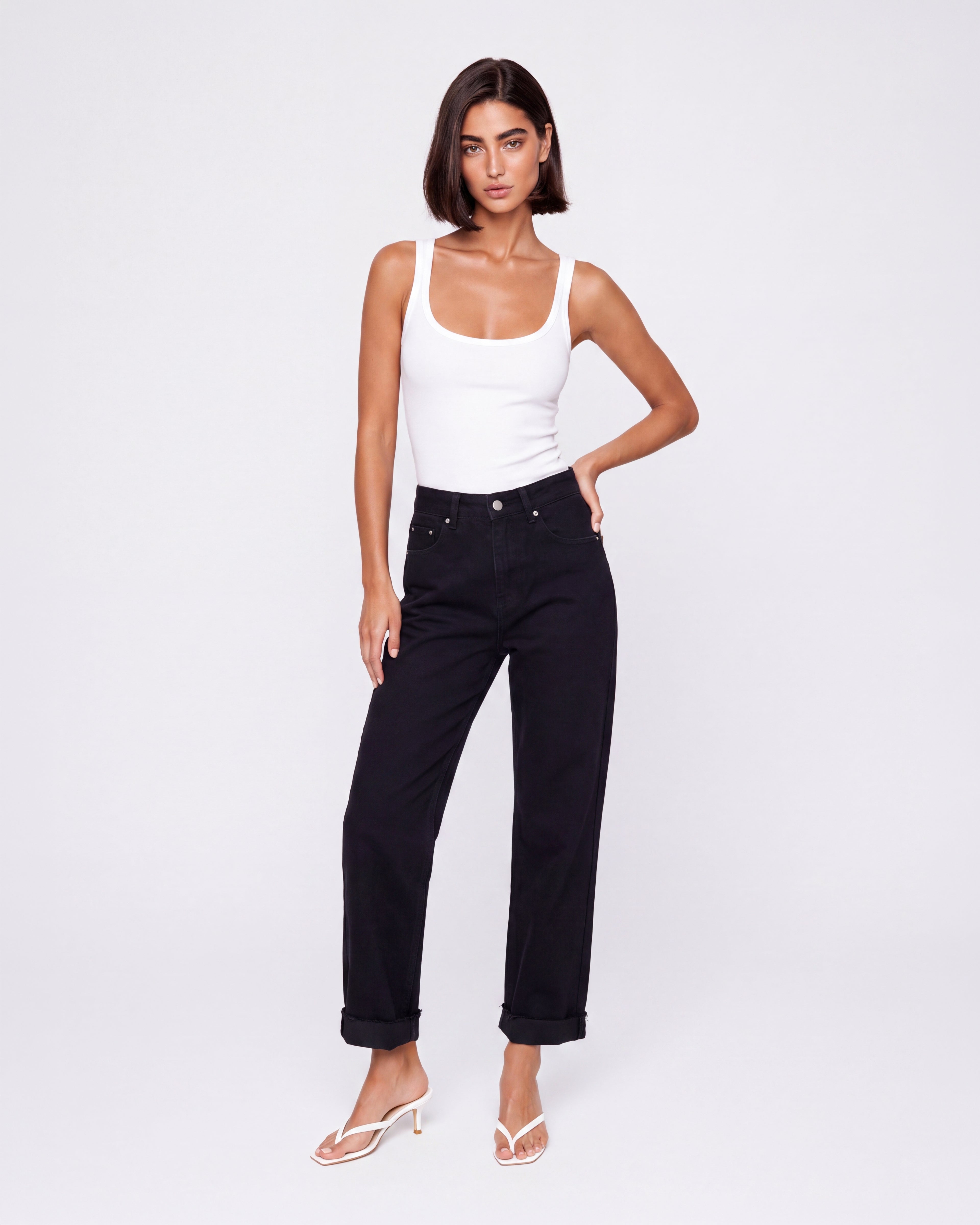 BLACK HIGH RISE TURN-UP STRAIGHT LEG JEANS