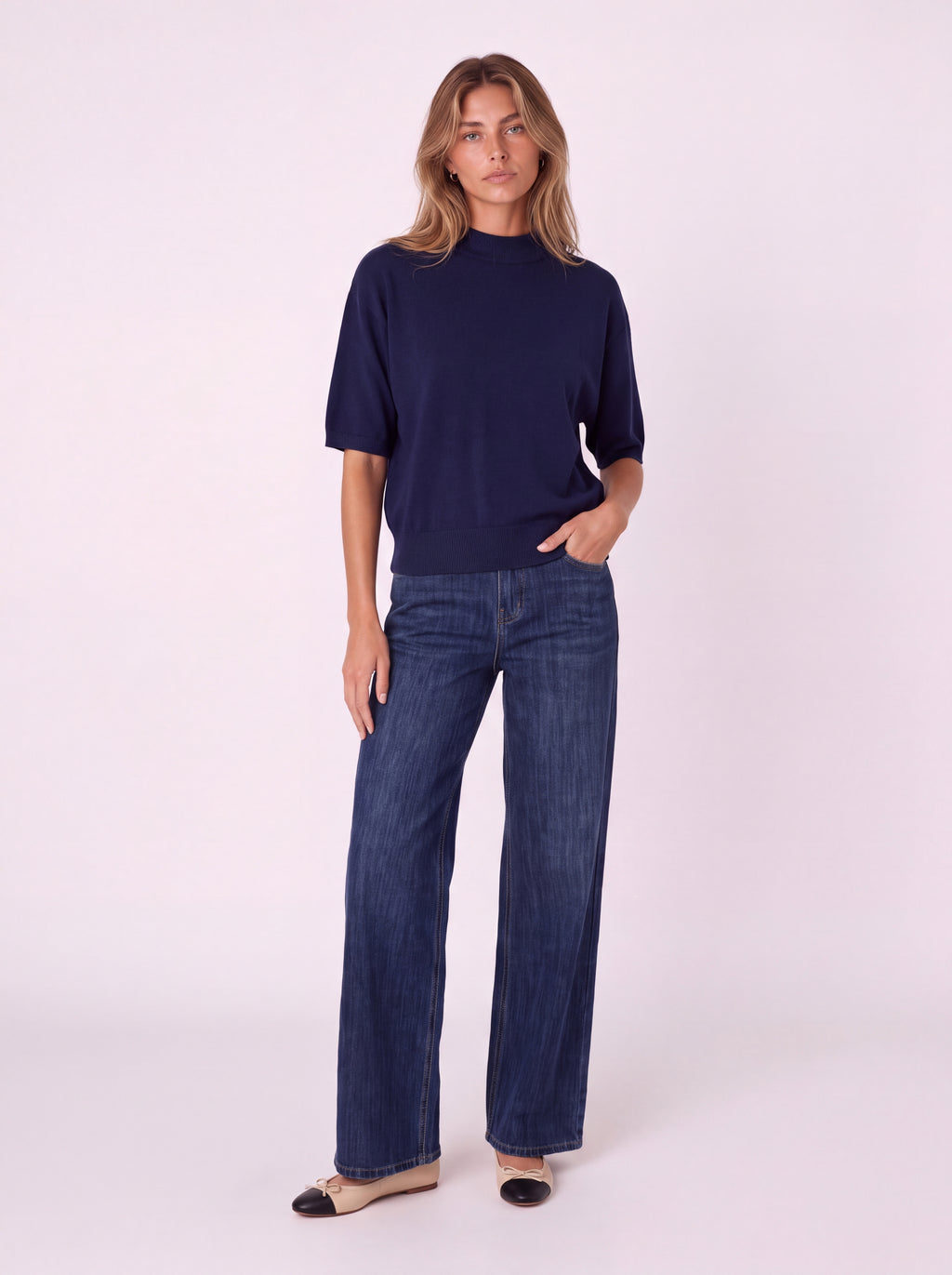 MOCK-NECK SHORT-SLEEVE KNIT TOP