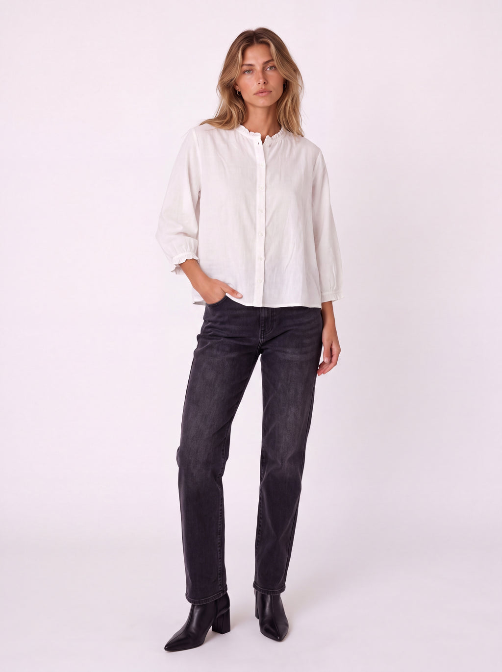BUTTON FRONT BLOUSE WITH PUFF SLEEVES AND RUFFLE DETAILS