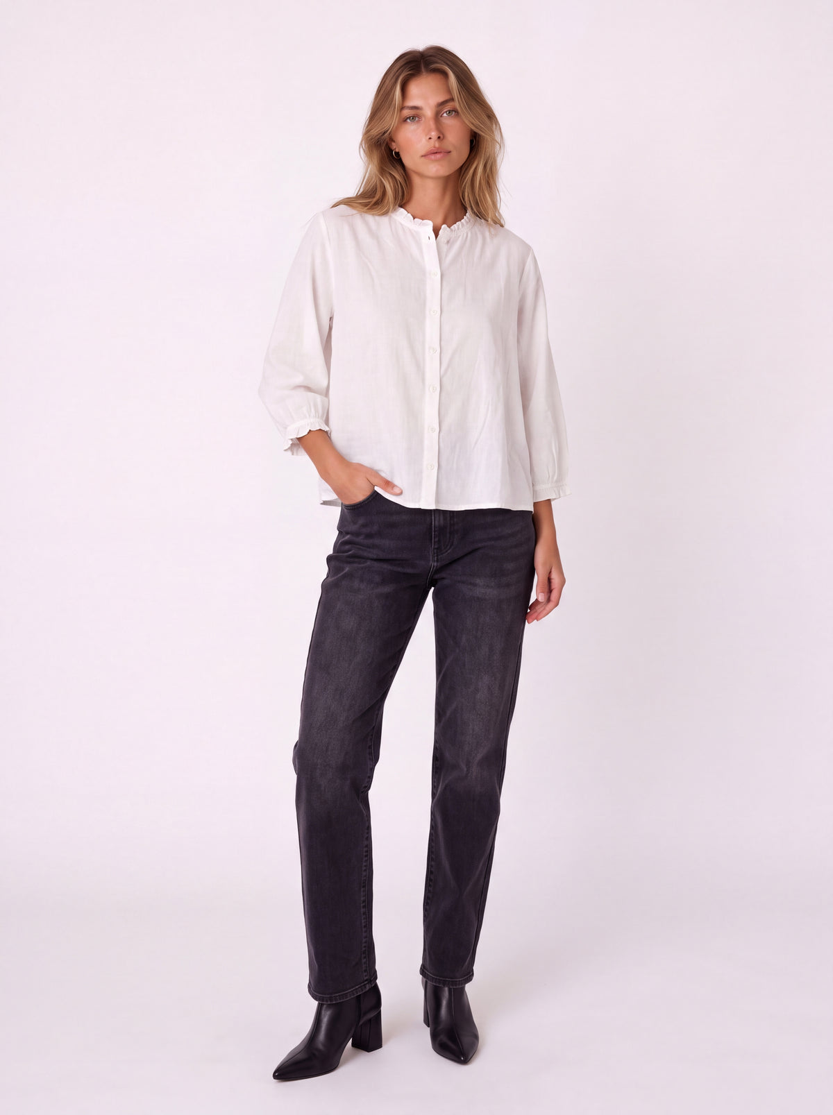 BUTTON FRONT BLOUSE WITH PUFF SLEEVES AND RUFFLE DETAILS