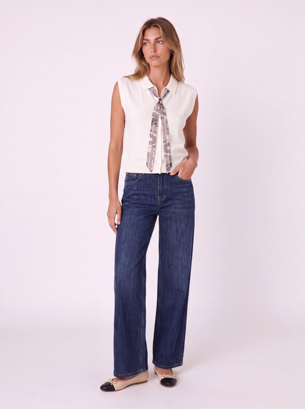IVORY COLLARED BUTTON-FRONT SLEEVELESS KNIT TOP WITH PRINTED SCARF