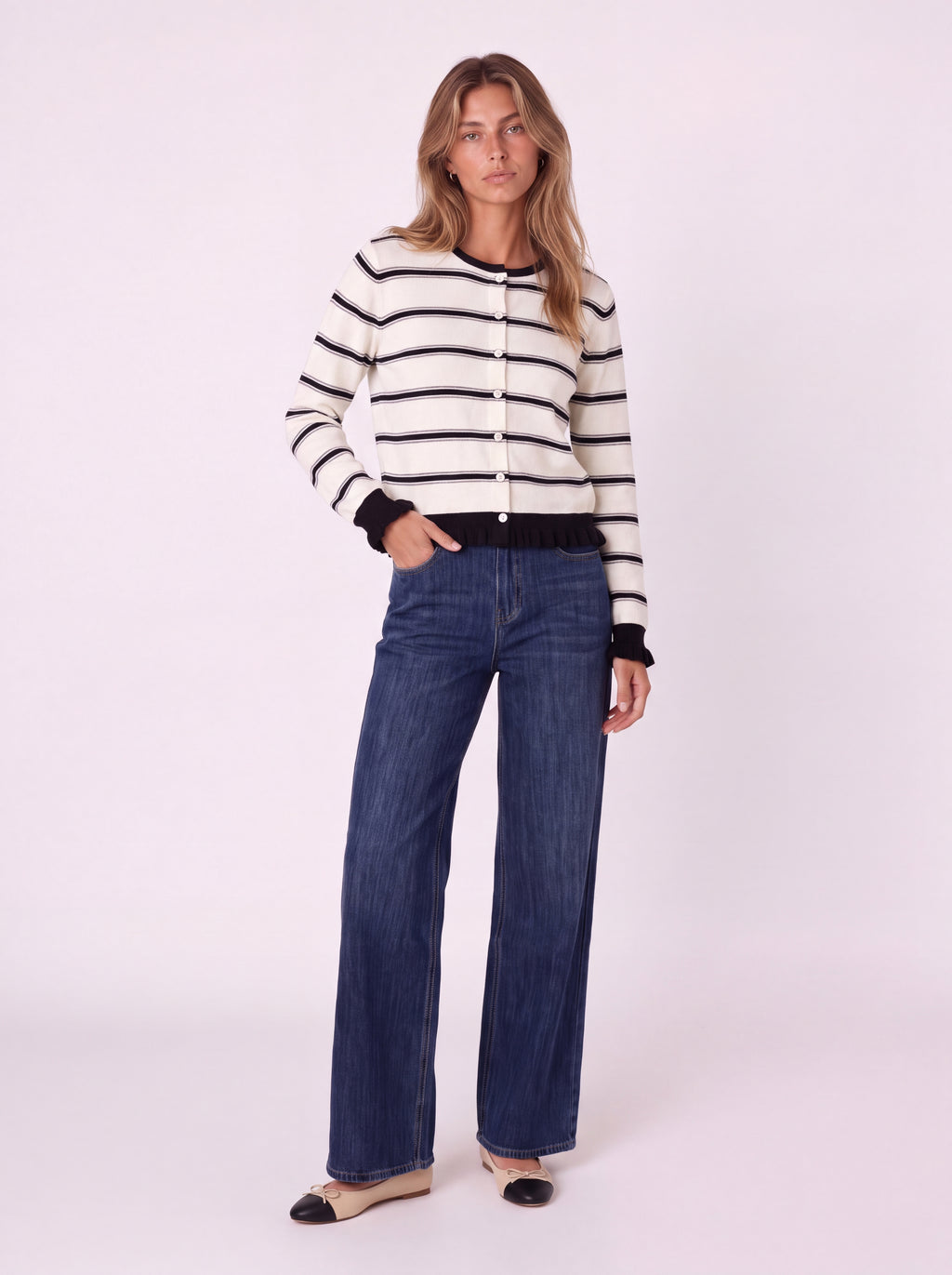 STRIPED BUTTON-FRONT KNIT CARDIGAN WITH RUFFLE TRIM