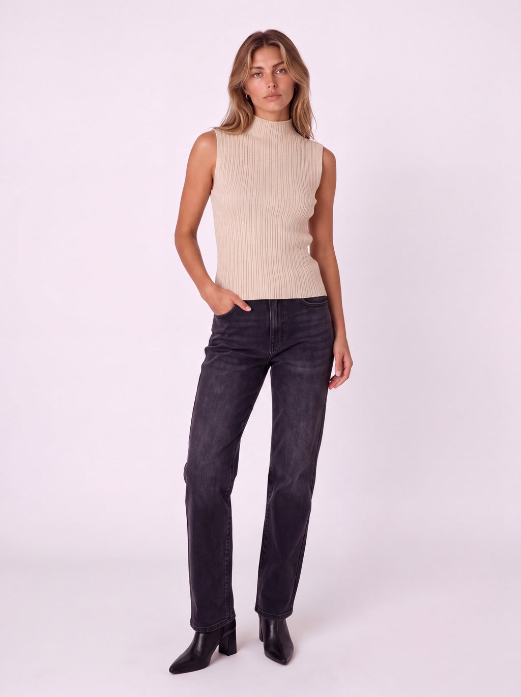 SLEEVELESS RIBBED KNIT MOCK NECK TOP
