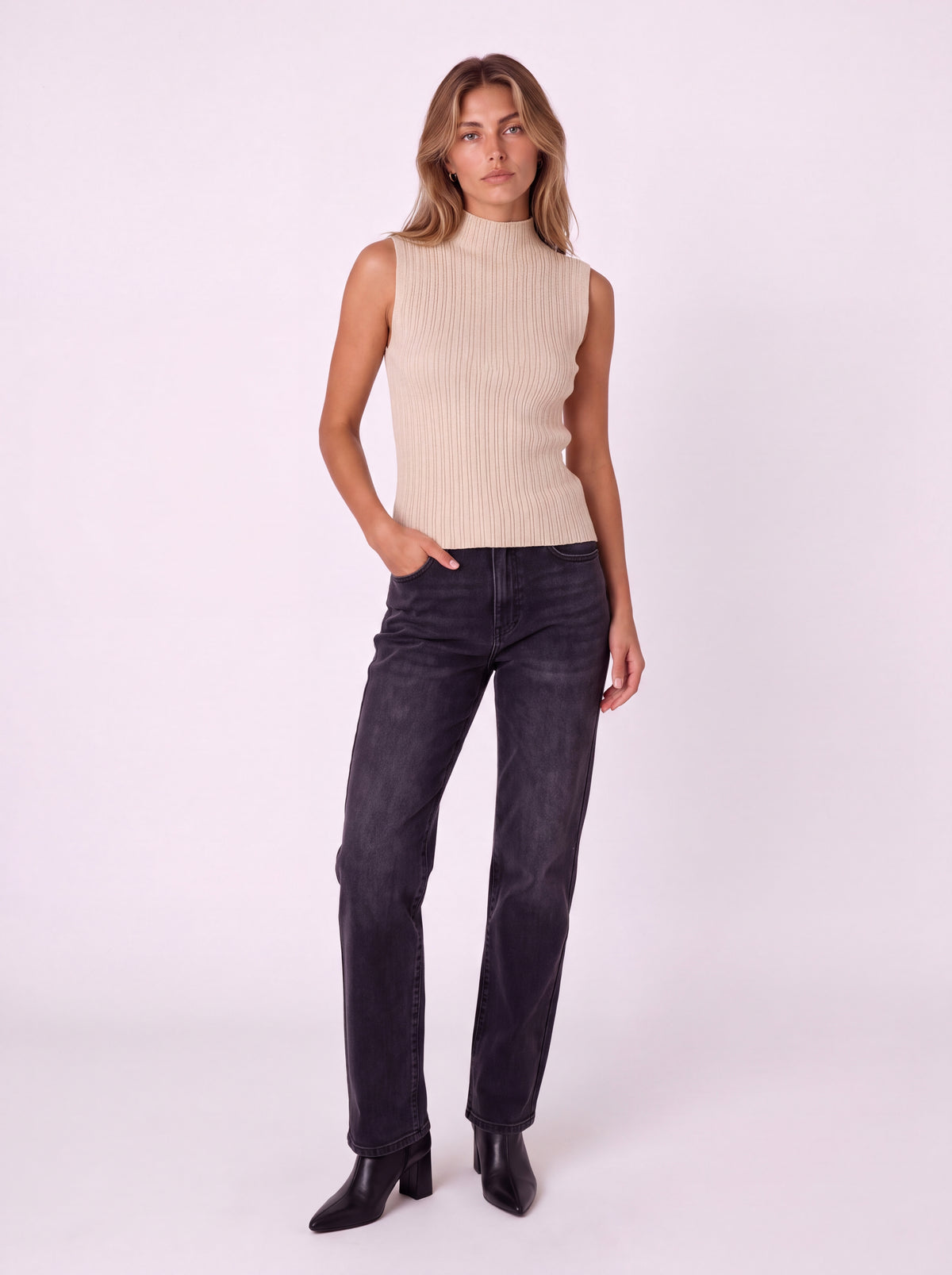SLEEVELESS RIBBED KNIT MOCK NECK TOP