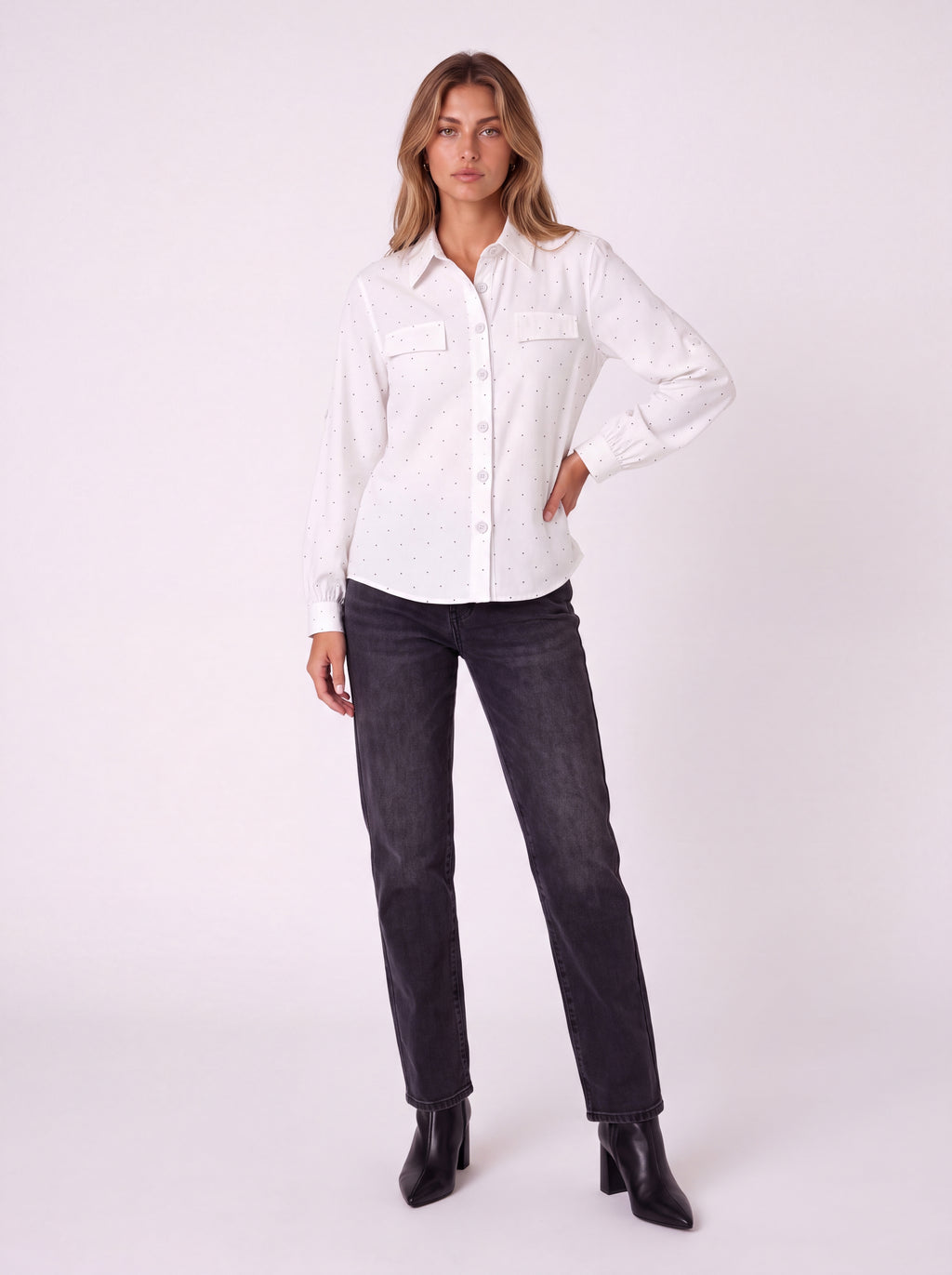 POLKA DOT BUTTON-FRONT LONG SLEEVE SHIRT