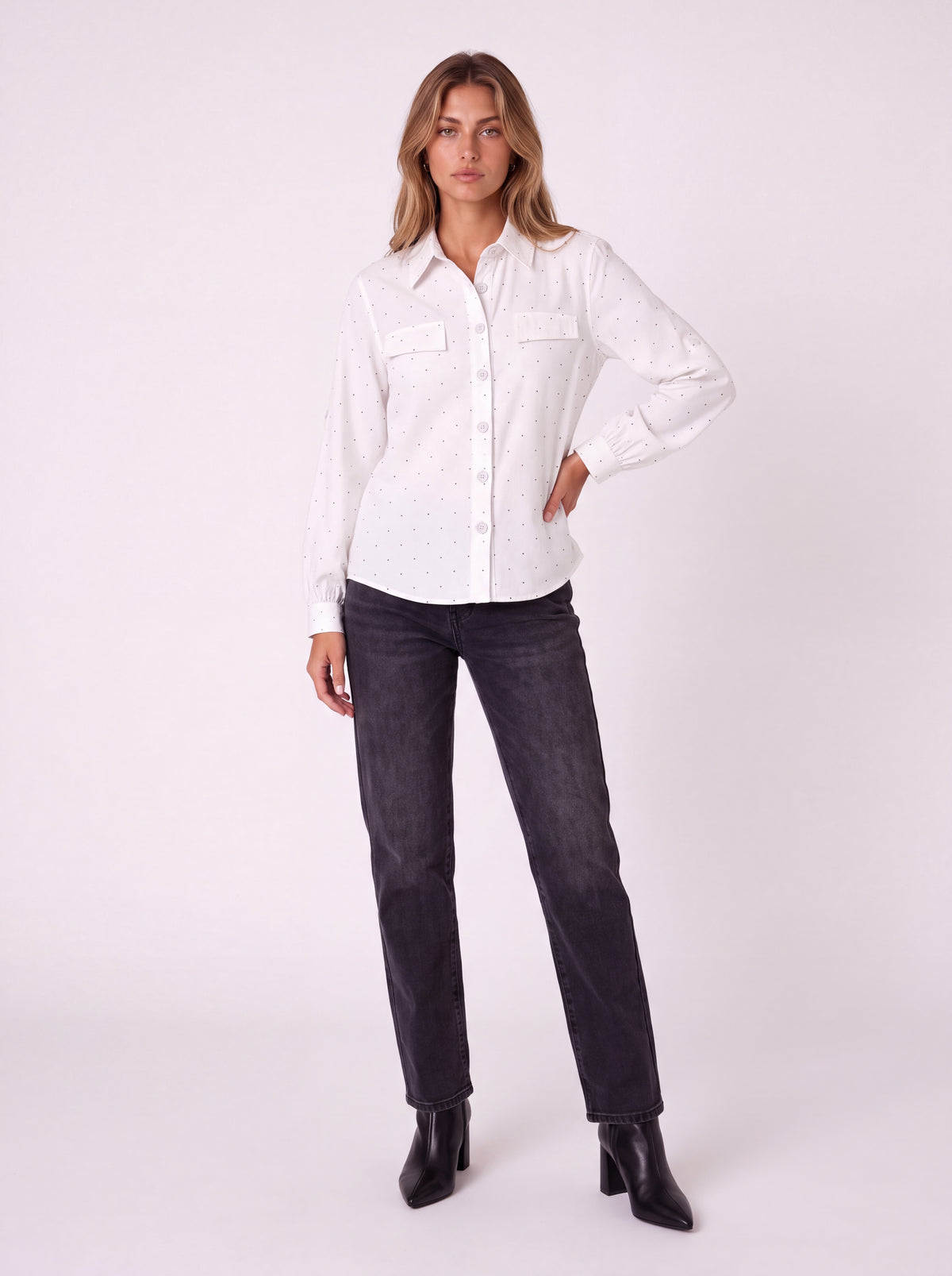 POLKA DOT BUTTON-FRONT LONG SLEEVE SHIRT