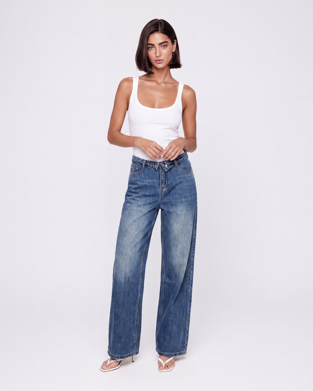 HIGH RISE WIDE LEG JEANS WITH WAIST TIE