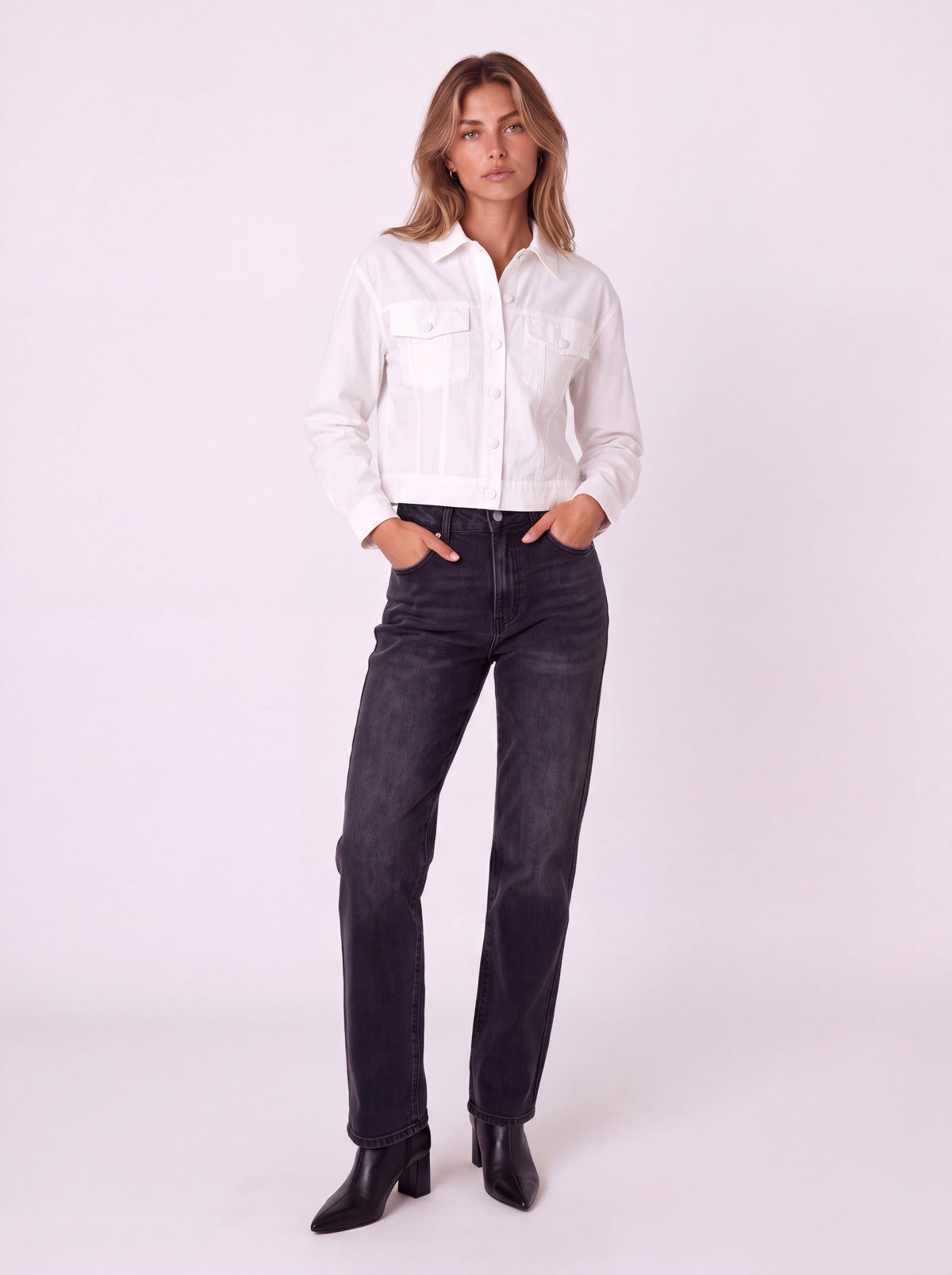 CROPPED BUTTON-FRONT DENIM JACKET