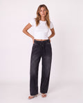 BLACK WASHED DENIM WIDE-LEG DRAWSTRING JEANS