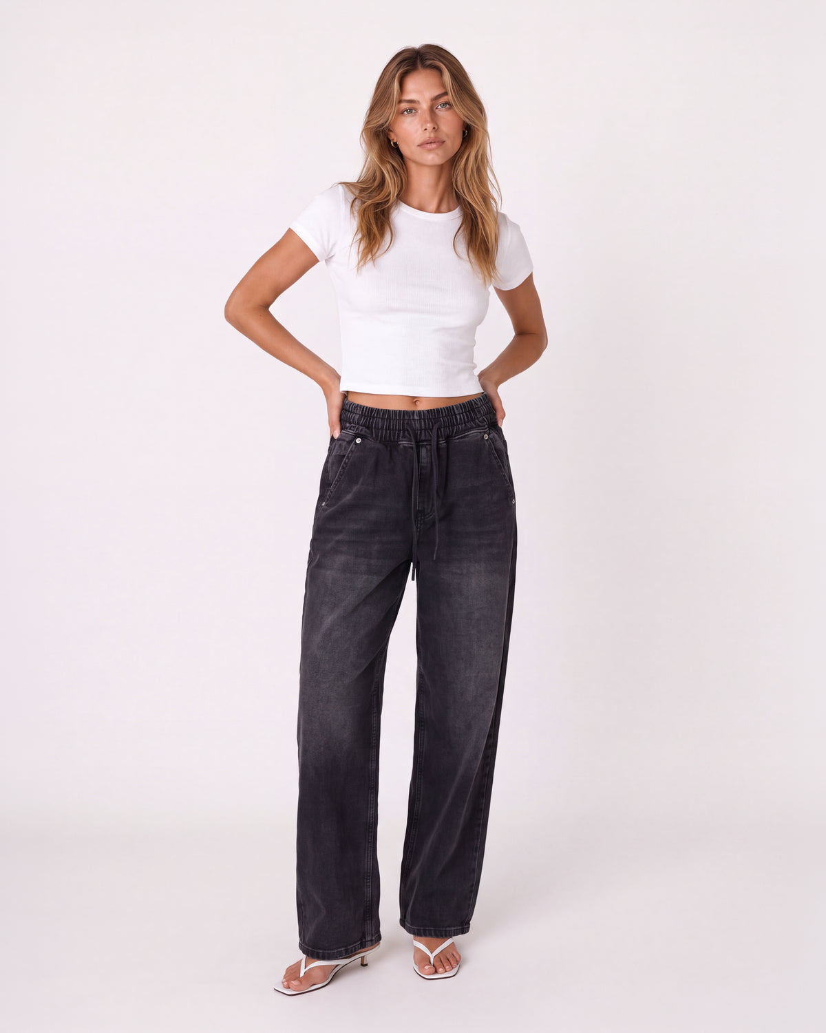 BLACK WASHED DENIM WIDE-LEG DRAWSTRING JEANS