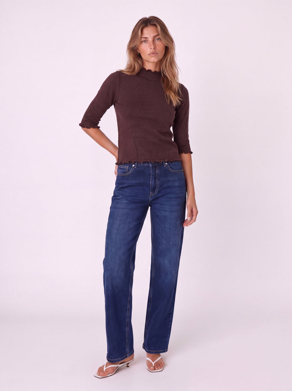 RIBBED MOCK NECK TOP WITH LETTUCE TRIM