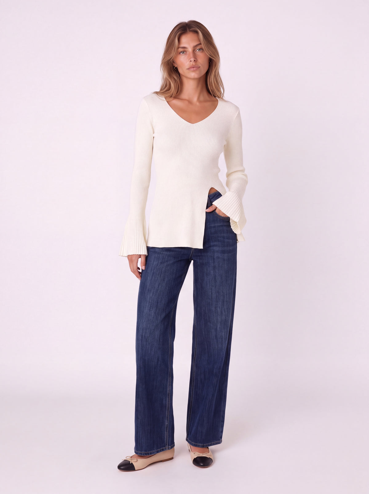 V-NECK RIBBED KNIT PEPLUM TOP WITH FLARED SLEEVES