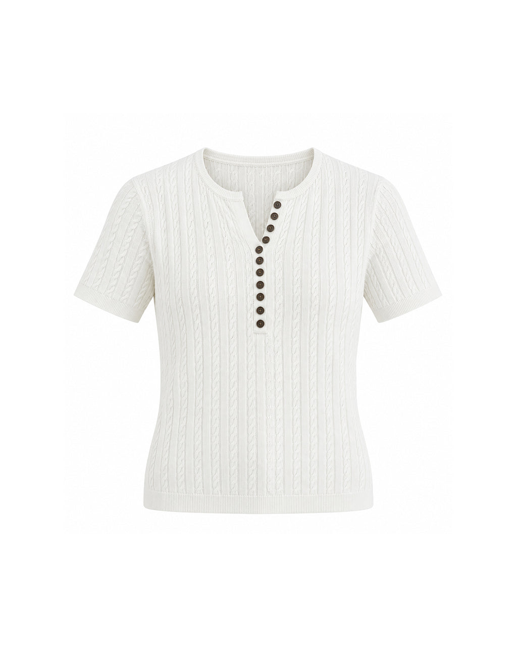 SHORT SLEEVE CABLE KNIT BUTTON FRONT HENLEY TOP