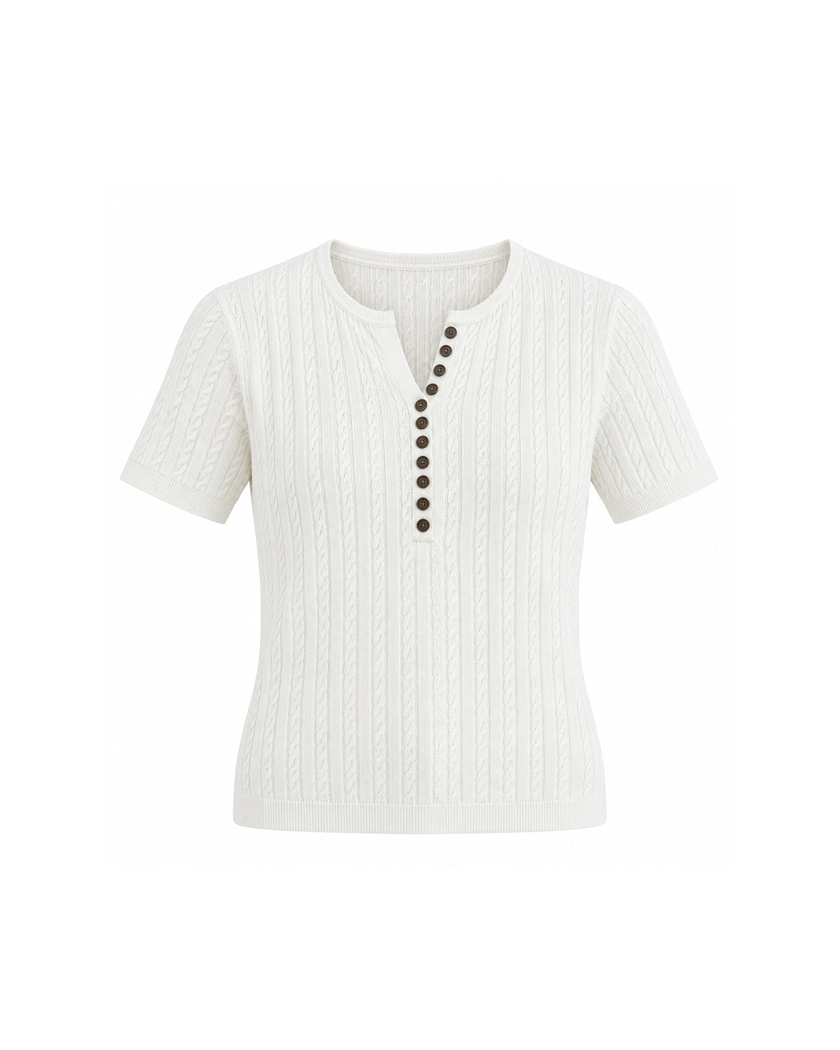 SHORT SLEEVE CABLE KNIT BUTTON FRONT HENLEY TOP