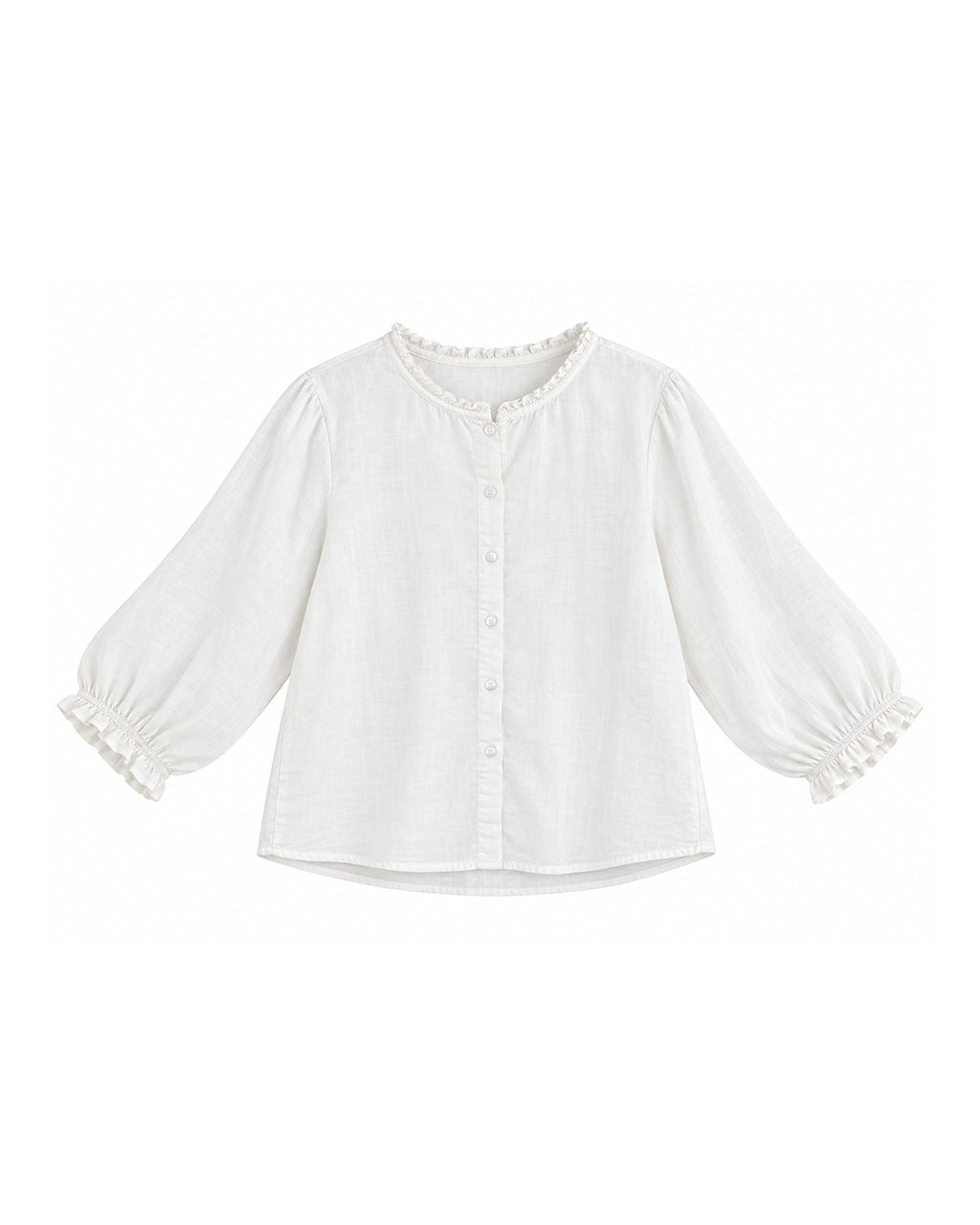 BUTTON FRONT BLOUSE WITH PUFF SLEEVES AND RUFFLE DETAILS